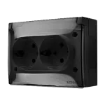 Simon Aquaclick WA-CGSZ2Zx-xx-49Ax Gniazdo wtyczkowe natynkowe, Schuko, podwójne kompaktowe, klapka transparentna, z przesłonami, IP44, 16A, 250V~, zaciski śrubowe; czarny