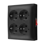 Simon Aquaclick WA-GSZN4W1-xx-49xx Gniazdo wtyczkowe natynkowe, Schuko, 4-krotne, z wbudowanym wyłącznikiem, IP20, 16A, 250V~, zaciski śrubowe; czarny