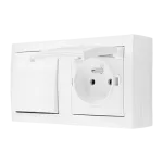 Simon Aquaclick WA-CW1GZ1CS-XX-11X Łącznik jednobiegunowy natynkowy, 10AX, 250V~ + gniazdo pojedyncze, 16A, 250V~, IP44, klapka w kolorze pokrywy; biały