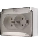 Simon Aquaclick WA-CGSZ2xx-xx-49xx Gniazdo wtyczkowe natynkowe, Schuko, podwójne kompaktowe, klapka w kolorze pokrywy, IP44, 16A, 250V~, zaciski śrubowe; czarny