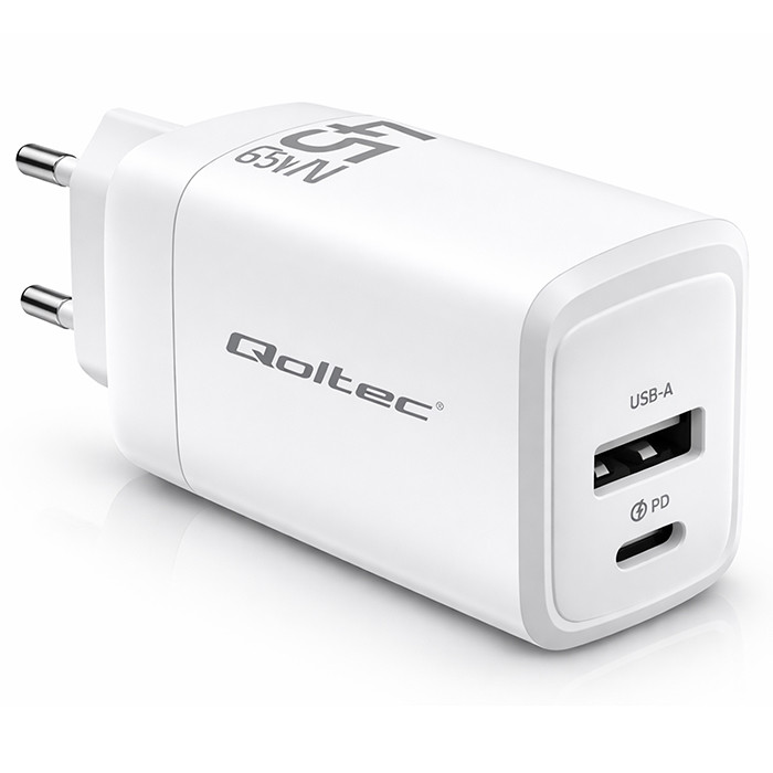Qoltec Ładowarka sieciowa 45W GaN  | 5-20V | 1.5-3A | 1 x USB-C PD | 1 x USB QC 3.0 | Biała