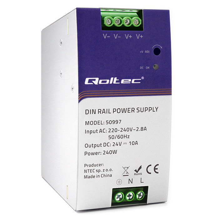 Qoltec Przemysłowy zasilacz na szynę DIN | 240W | 24V | 10A