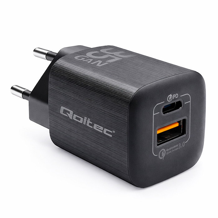 Qoltec Ładowarka sieciowa 35W GaN ULTRA | 5-20V | 2.25-3A | 1 x USB typ C PD | 1 x USB QC 3.0 | Czarna