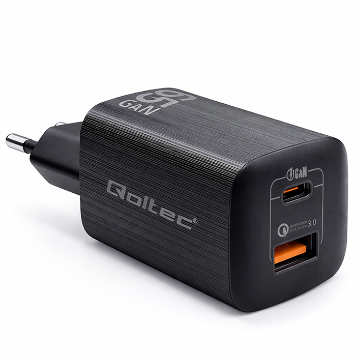 Qoltec Ładowarka sieciowa 65W GaN ULTRA | 5-20V | 2.25-3.25A | 1 x USB typ C PD | 1 x USB QC 3.0 | Laptop | Smartfon | Czarna