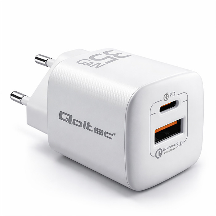 Qoltec Ładowarka sieciowa 35W GaN ULTRA | 5-20V | 2.25-3A | 1 x USB typ C PD | 1 x USB QC 3.0 | Biała
