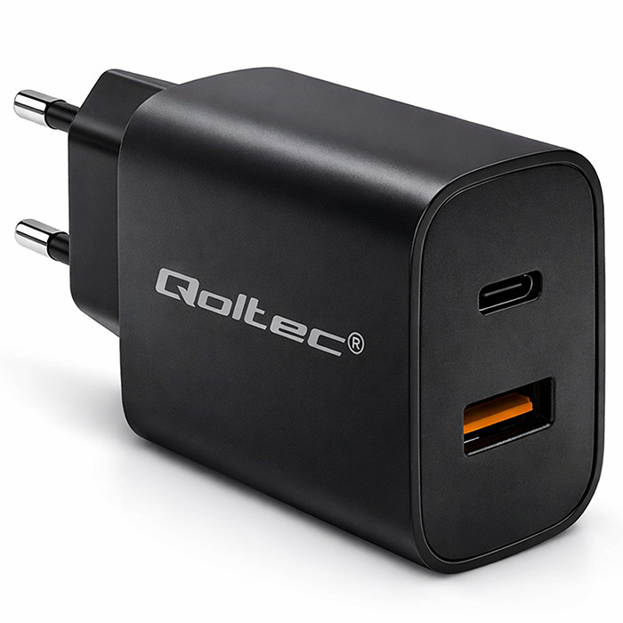 Qoltec Ładowarka GaN POWER PRO |  1xUSB-C | 1xUSB | 30W | 5-20V | 1.5-3A | Czarna