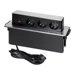 Gniazdo meblowe wysuwane z blatu z płaskim frezowanym rantem, ładowarką USB i przewodem 2m, 3x2P+Z (Schuko), 2 x USB (Typ A+C ; PD20W), 3x1,5mm², INOX
