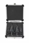 AWTOOLS WIERTŁO STOPNIOWE SPIRALNE KPL. 4szt./ 4-12 4-20 4-32 4-39mm/ AICrN/ CZARNE/ ETUI PLASTIK