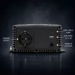 Qoltec Przetwornica napięcia Pure Sine Wave | 12V na 230V | 500/1000W | LCD | USB | USB-C | Kompatibilność z LiFePo4 GEL AGM 