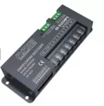 DMX-RDM PWM controller for LED strips and 12-24 V constant voltage products, 5 channels of 8 A. Power supply required. RJ45, XLR and screw ports. Has DMX slave mode or master mode for standalone operation.