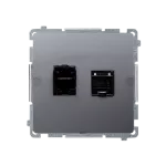 Simon Basic WMUK-0640xx-4011 Gniazdo komputerowe RJ45, kategoria 6, podwójne ekranowane z przesłoną przeciwkurzową (moduł). Montaż na łapki lub wkręty; srebrny mat