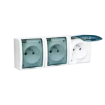 Simon Aquarius WMQW-33311x-1011 Gniazdo wtyczkowe potrójne z uziemieniem bryzgoszczelne IP54, klapka transparentna z przesł. torów prądowych, Σ16A, 250V~, zaciski śrubowe; biały