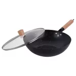 KINGHOFF PATELNIA WOK 30cm Z POKRYWKĄ STAL WĘGLOWA POWŁOKA MARMURKOWA NIEPRZYWIERAJĄCA DREWNIANY UCHWYT
