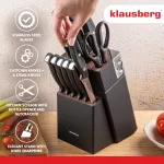 KLAUSBERG NOŻE KUCHENNE ZESTAW 13 ELEMENTÓW Z OSTRZAŁKĄ I STOJAKIEM STAL NIERDZEWNA BLOK CZARNY