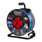 Przedłużacz zwijany bębnowy Ø274 IP54, 4x2P+Z z klapką, przewód niebieski H07BQ-F 3G1,5mm, 40m, 16A, prowadzenie przewodu, olejoodporny, mrozoodporny, bezpiecznik termiczny
