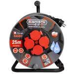 Przedłużacz zwijany bębnowy Ø274 IP54, 4x2P+Z z klapką, gniazdo schuko, przewód czarny H07RN-F 3G2,5mm, 25m, 16A, prowadzenie przewodu, olejoodporny, mrozoodporny, bezpiecznik termiczny