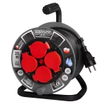 Przedłużacz zwijany bębnowy Mini Ø210 IP54, 4x2P+Z z klapką, gniazdo schuko, przewód czarny H05VV-F 3x1mm, 25m, 10A, bezpiecznik termiczny