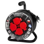 Przedłużacz zwijany bębnowy Mini Ø210 IP54, 4x2P+Z z klapką, gniazdo schuko, przewód czarny H05RR-F 3G2,5mm, 20m, 16A, bezpiecznik termiczny