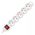 Przedłużacz 5-krotny 2P+Z (Schuko) z wyłącznikiem, 1,5m H05VV-F 3x1,5mm2, Imax=16A, płaska wtyczka, biały