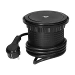 Gniazdo meblowe Ø10cm wysuwane z blatu z ładowarką indukcyjną, ładowarką USB i przewodem 1,5m, 3x2P+Z (Schuko), Qi 1.2.4 max. 10W, USB A+C QC 3.0