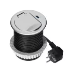 Gniazdo meblowe Ø6cm wpuszczane w blat z pokrywką, ładowarką USB i przewodem 1,9m, 1x2P+Z (French), 1xUSB (typ C; PD20W), srebrne