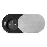 Gniazdo meblowe Ø6cm, wpuszczane w blat z przesuwną pokrywką, ładowarką USB i przewodem 1,9m, 1x2P+Z (French), 2xUSB (typ A+C; PD20W), srebrne