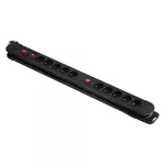 Listwa zasilająca, 10 gniazd 2P+Z, kabel 3x1,5mm2, długość 1,5m, 2xWyłącznik podświetlany dwutorowy, 2xWyłącznik termiczny. 16A/230 VAC, Czarna