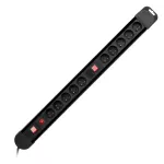 Listwa zasilająca, 10 gniazd 2P+Z, kabel 3x1,5mm2, długość 1,5m, 2xWyłącznik podświetlany dwutorowy, 2xWyłącznik termiczny. 16A/230 VAC, Czarna