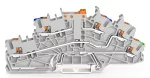 Piętrowa złączka instalacyjna; z przyciskiem; 2,5 mm²; z uchylnym łącznikiem nożowym; NTi/L/PE; parter żółto-zielony; Push-in CAGE CLAMP®; 2,50 mm²; szara