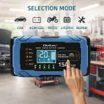 Qoltec Inteligentna mikroprocesorowa ładowarka 12V 15A | Prostownik z funkcją naprawy | AGM GEL LiFePO4 | 9- stopniowe ładowanie