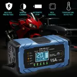 Qoltec Inteligentna mikroprocesorowa ładowarka 12V 15A | Prostownik z funkcją naprawy | AGM GEL LiFePO4 | 9- stopniowe ładowanie