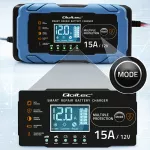 Qoltec Inteligentna mikroprocesorowa ładowarka 12V 15A | Prostownik z funkcją naprawy | AGM GEL LiFePO4 | 9- stopniowe ładowanie