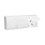 Simon Aquarius WMQW-32311x-1011 Gniazdo wtyczkowe potrójne z uziemieniem Schuko bryzgoszczelne IP54, klapka biała, z przesłonami torów prądowych, 16A, 250V~, zaciski śrubowe; biały