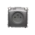 Simon Basic WMUW-53111x-J021 Gniazdo wtyczkowe z uziemieniem, z przesł. torów prądowych, bryzgoszczelne IP44 (moduł) 16A, 250V~, zaciski śrubowe, klapka transp.; stal inox