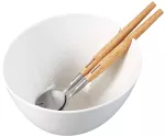 KLAUSBERG MISA CERAMICZNA DO SAŁAT BIAŁA Z ZESTAWEM STALOWYCH ŁYŻEK Z DREWNIANYMI UCHWYTAMI