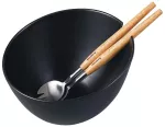 KLAUSBERG MISA CERAMICZNA DO SAŁAT CZARNA Z ZESTAWEM STALOWYCH ŁYŻEK Z DREWNIANYMI UCHWYTAMI
