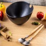 KLAUSBERG MISA CERAMICZNA DO SAŁAT CZARNA Z ZESTAWEM STALOWYCH ŁYŻEK Z DREWNIANYMI UCHWYTAMI