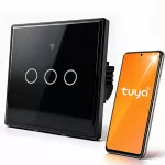 Qoltec Inteligentny dotykowy 3-kanałowy  włącznik wyłącznik światła | Wi-Fi | Timer | Tuya | Smart life | Hartowane szkło | Czarny