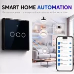 Qoltec Inteligentny dotykowy 3-kanałowy  włącznik wyłącznik światła | Wi-Fi | Timer | Tuya | Smart life | Hartowane szkło | Czarny