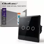 Qoltec Inteligentny dotykowy 3-kanałowy  włącznik wyłącznik światła | Wi-Fi | Timer | Tuya | Smart life | Hartowane szkło | Czarny