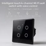 Qoltec Inteligentny dotykowy 4-kanałowy włącznik wyłącznik światła | Wi-Fi | Timer | Tuya | Smart life | Hartowane szkło | Czarny