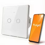 Qoltec Inteligentny dotykowy 2-kanałowy włącznik wyłącznik światła | Wi-Fi | Timer | Tuya | Smart life | Hartowane szkło | Biały
