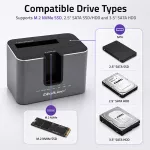 Qoltec Stacja dokująca 2w1 HDD SSD | SATA | M.2 NVMe | Klonowanie | USB-C 3.2 Gen 2 | 10Gb/s | 28TB | Aluminium