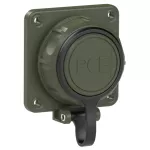 Gniazdo wtyczkowe tablicowe NAUTILUS wojskowe z bolcem uziemnienia z elastycznym połączeniem pokrywy 16A 2P+Z 230V 50/60Hz IP66/68, tylne podłączenie, kołnierz 75x75, styki niklowane
