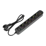 Listwa przeciwprzepięciowa, 5 gniazd 2P+Z (Schuko), kabel 3x1,5mm², długość 1,5m, z wyłącznikiem podświetlanym dwutorowym, 16A, ochronnik przeciwprzepięciowy, ładowarka 2xUSB, 2,1A, płaska wtyczka, czarny