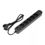 Listwa przeciwprzepięciowa, 5 gniazd 2P+Z (French), kabel 3x1,5 mm², długość 1,5 m, z wyłącznikiem podświetlanym dwutorowym, 16 A, ochronnik przeciwprzepięciowy, ładowarka 2xUSB, 2,1 A, płaska wtyczka, czarny