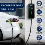 Qoltec Mobilna ładowarka do samochodu elektrycznego EV i hybryd z regulacją 2w1 Typ2 | 11kW | LCD | 3 fazy | CEE  32A | Przenośna | Wallbox | 5m