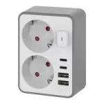 Rozgałęźnik 2x 2P+Z, Schuko, z ładowarką 2x USB-A + 2x USB-C, max. 3,4 A, 17 W, biało-szary