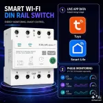 Qoltec Trójfazowy przekaźnik 63A na szynę DIN | 3P+N | Timer | Wi-Fi | Tuya | Smart Life | Amazon Alexa | 4P