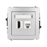 DECO Mechanizm gniazda pojedynczego HDMI 2.1, 8K + gniazda komp. poj. 1xRJ45, kat. 6A, 8-stykowy srebrny metalik